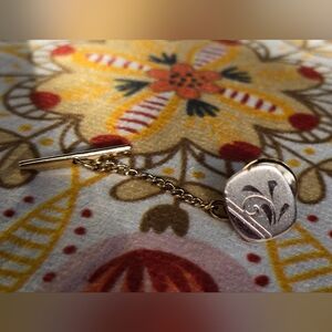 Antique MR Sterling Silver Square Scroll Tie Tack Pin with Safety Chain Formal